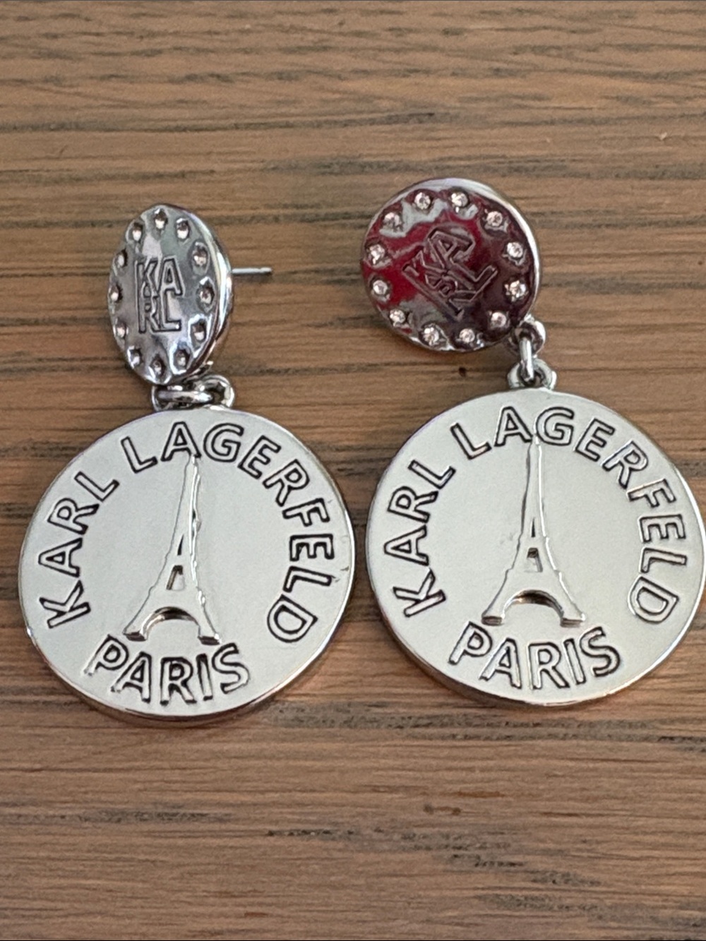 Karl Lagerfeld Black Eiffel Tower Coin Drop Earrings with Crystal Accents